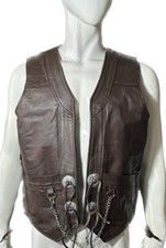 Mens Brown Original Cow Leather Vest Chain Concho Motorcycle Biker Waistcoat,