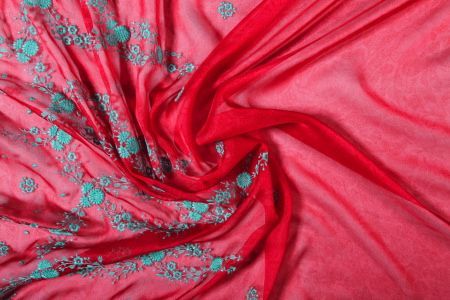 Mousseline de soie imprimée cerise anti-transpiration : tissu fluide pour robe fraîche