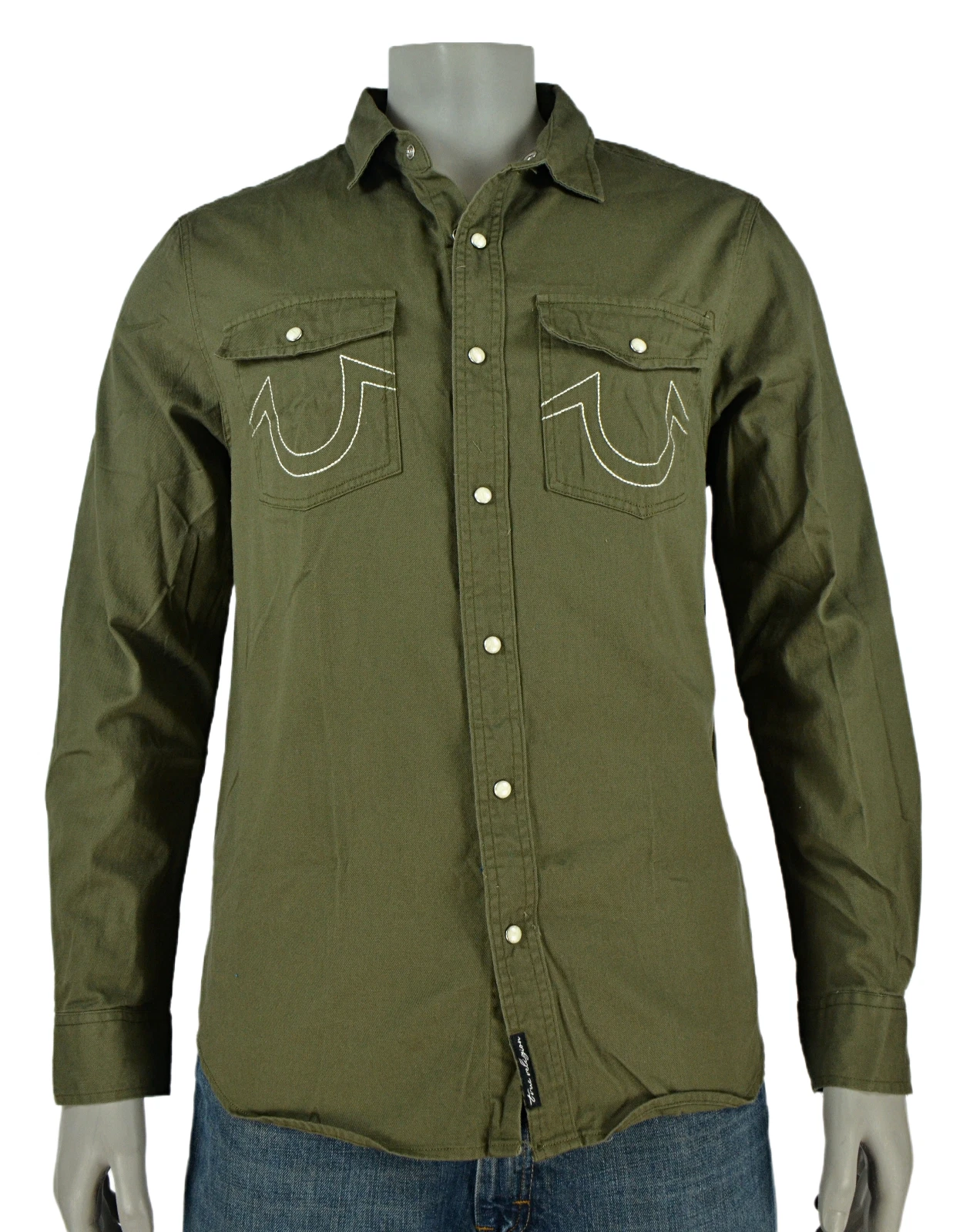 True Religion Shirt Men's M Green Woven Pearl Snap Logo Pockets NWT