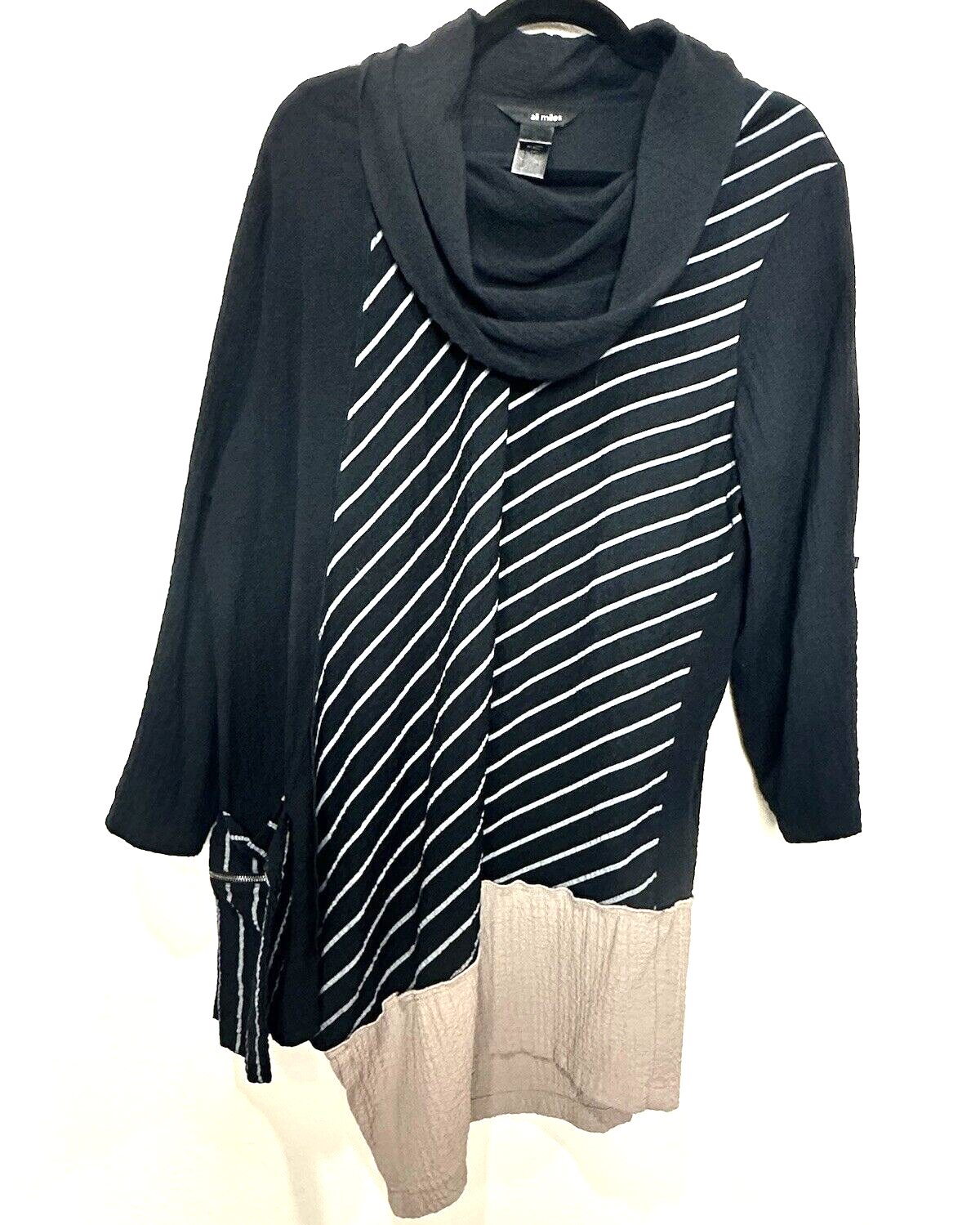 Ali Miles Women SZ XL Top Blouse Black Stripe Cowl Neck Roll Tab Pullover Artsy