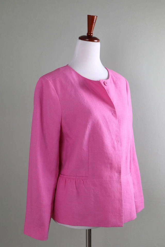 TALBOTS $149 Solid Pink Lined Shirred 100% Linen Snap Up Lady Jacket Top Size 8 - Image 3 of 4