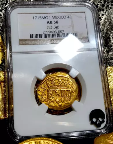 MEXICO 1715 DATED 4 ESCUDOS NGC 58 “1715 FLEET” PIRATE GOLD TREASURE COB COIN 