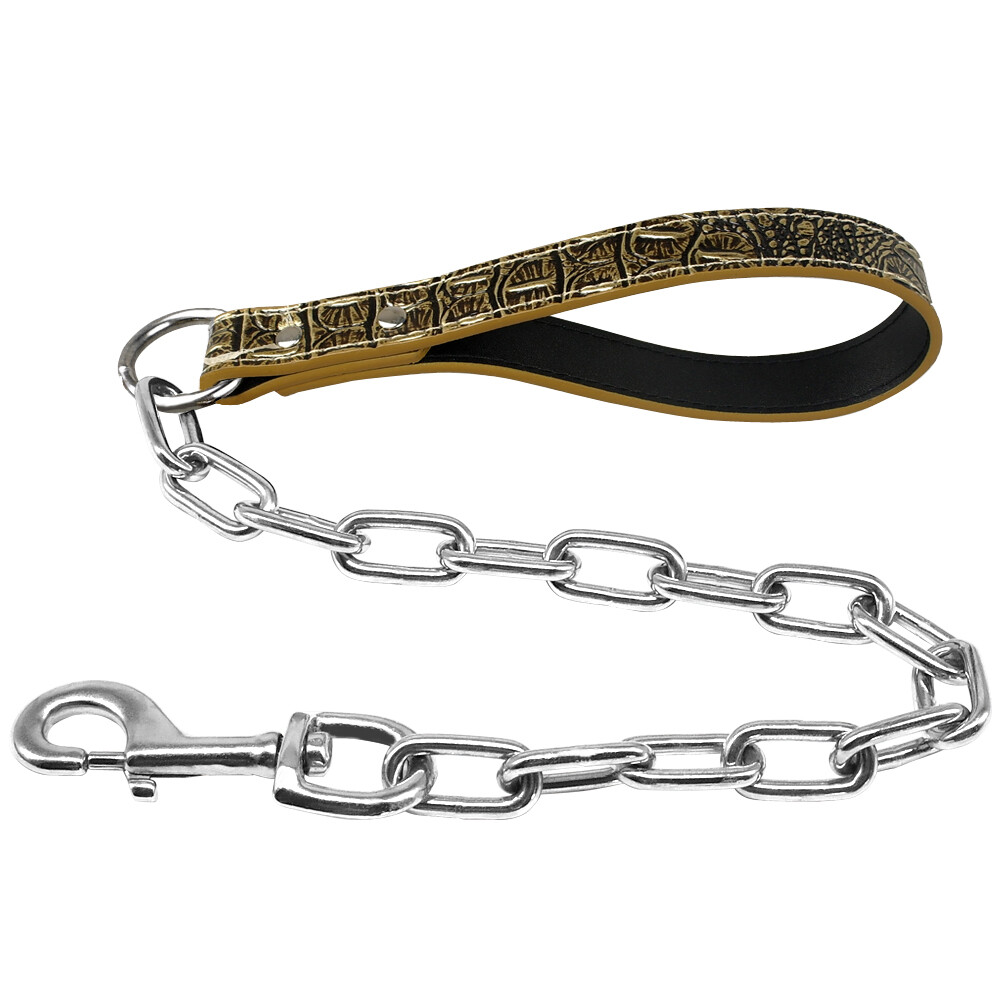 Dog Chain Lead Leash Leather Handle Strap Heavy Duty Training Lead FREE