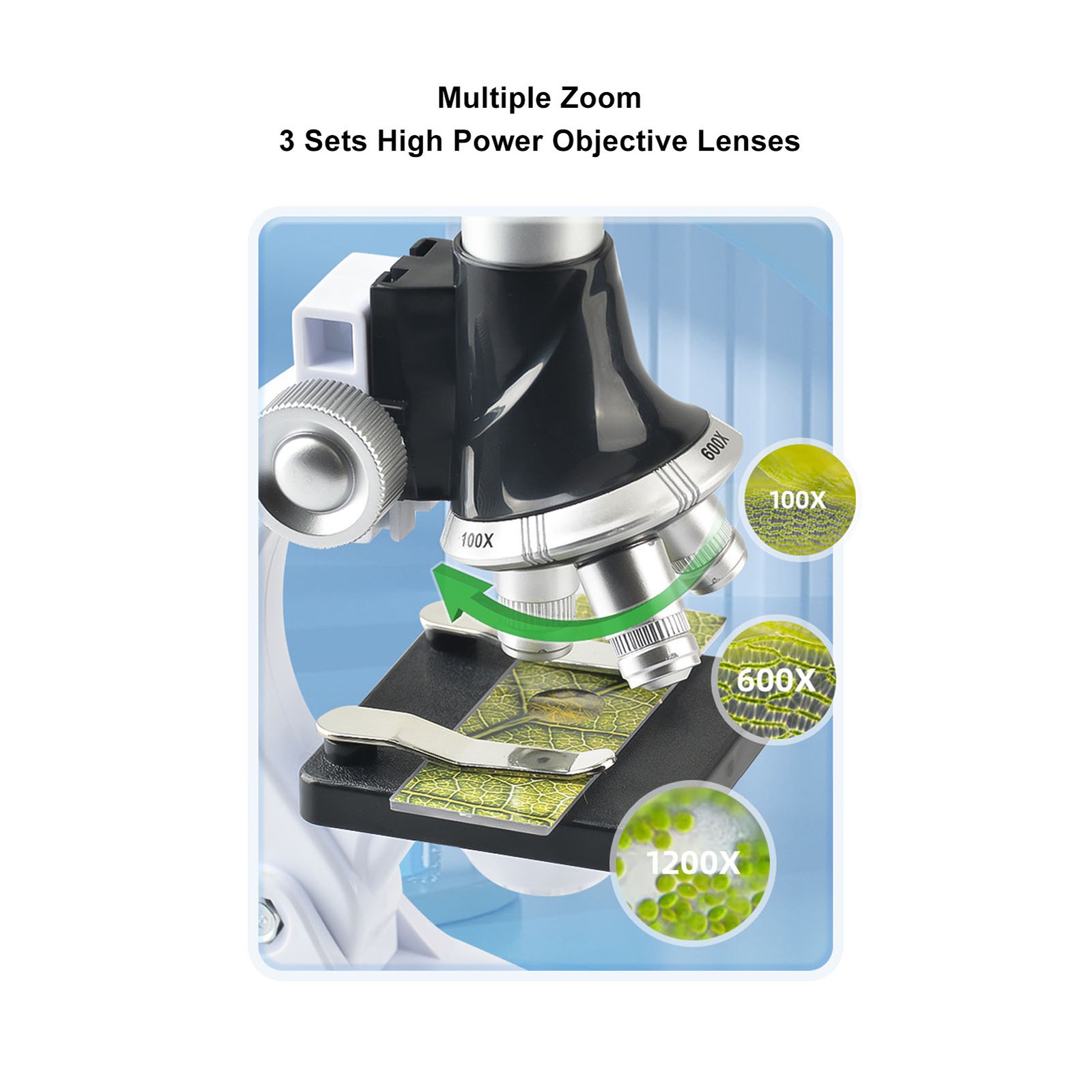 Kids Microscope Kit 100X 600X 1200X Magnification 3 Objective Lens Microscope