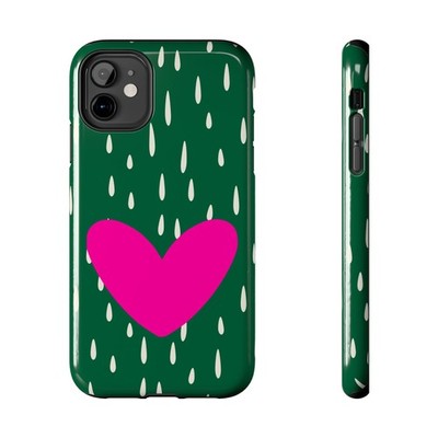Hot Pink Heart | Green & White Raindrop Pattern Phone Case for iPhone