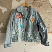 Y2K Denim Jacket Women M Embroidered Butterfly Floral Light Wash Cottagecore