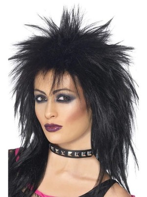 Smiffys Rock Diva Perücke, schwarz, neu aber offener Scruffy Box