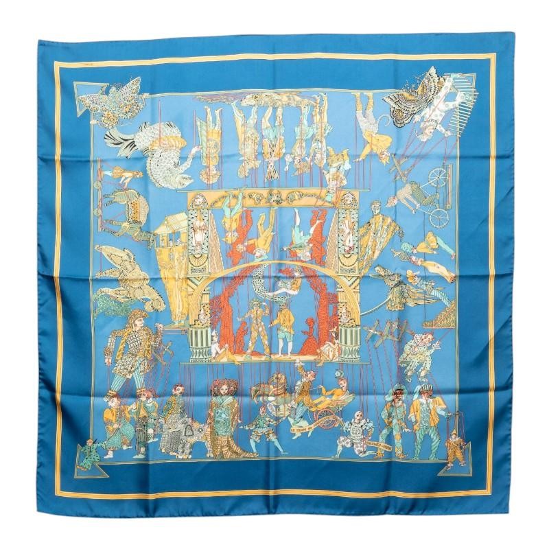 Hermes Carre 90 LE TEMPS des MARIONNETTES Puppet Time Scarf Blue Silk