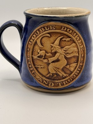 3D Halloween Witch Mug w Blue Glaze Double Double Toil & Trouble Art Pottery
