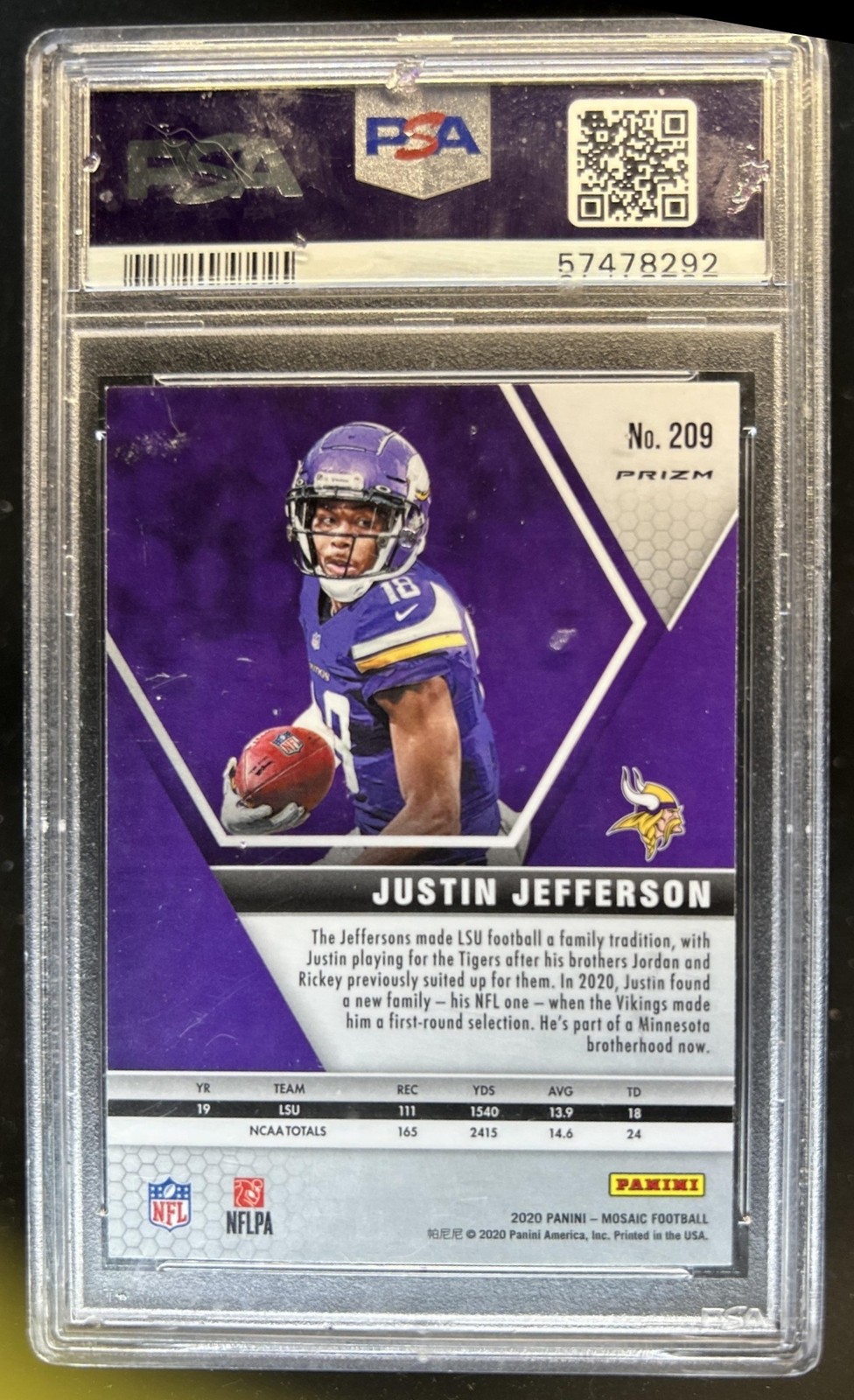 2020 Panini Mosaic Justin Jefferson RC Prizm Reactive Orange #209 Vikings PSA 9 view 2