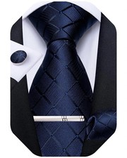 Plaid Ties for Men Silk Checkered Necktie and Pocket Square Cufflinks Tie Cli...