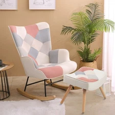 Rocking Chair with ottoman, Mid Century Fabric Rocker Chair with Wood Legs