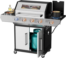 SKOK 4-Burner Led Gas BBQ Grill with Side Burner & Visual Glass, Barbecue Grill,