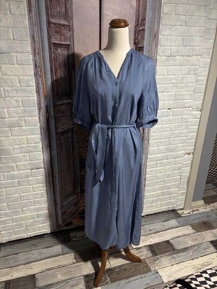 Forcast Women’s Blue Solid Button Front Belted Midi Shirt Dress Size 10