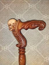Wooden Walking Cane Carved Skull Handle, Brown Tan Black, Rubber Tip