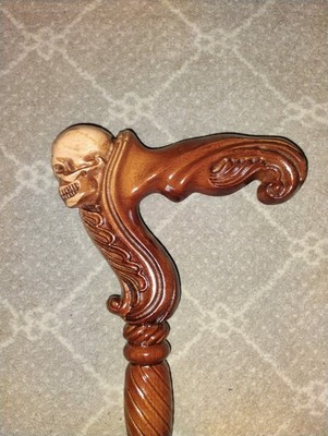 Wooden Walking Cane Carved Skull Handle, Brown Tan Black, Rubber Tip