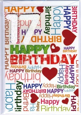 17. Geburtstag Glückwunschkarte mit Zahl 17 und Umschlag Happy Birthday und rote