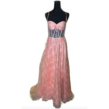 NWT Womens Lucci Lu Dress, 1277, Coral Pink, Rose Overlay, Illusion Bodice Sz 10