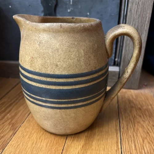 Antique Hull Yellow Blue Banded Creamer Pitcher 4.5” Stoneware
