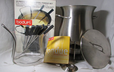 Bodum 14pc Stainless Steel Fondue Set Box 6 forks Glass Bowl Barley Used
