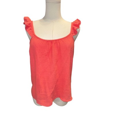 Drew ANTHROPOLOGIE Coral Pink Cotton Gauze Waffe Ruffle Tank Top Small NWOT