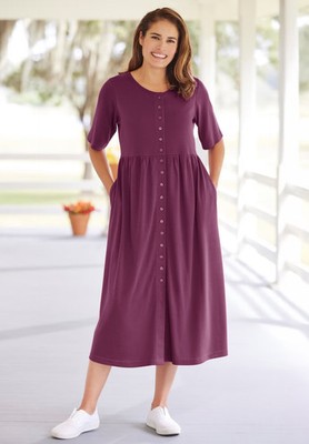 Woman Within Plus Size Button-Front Elbow-Sleeve Knit Dress