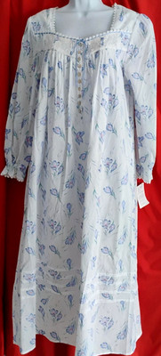 Eileen West Long Sleeve Blue Garden Floral 100% Cotton Lawn Ballet Nightgown XL
