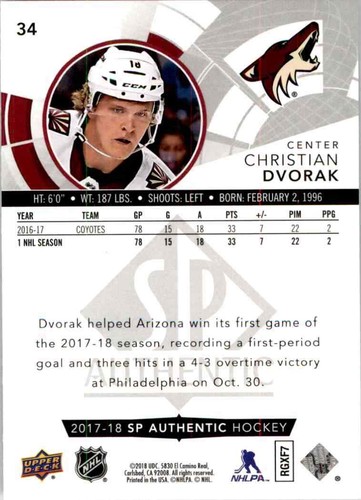 2017-18 upper deck SP Authentic Christian Dvorak #34 - Picture 2 of 2