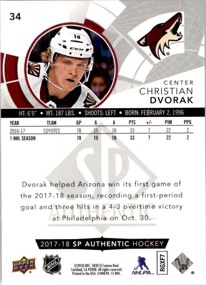 2017-18 upper deck SP Authentic Christian Dvorak #34 - Image 2 of 2