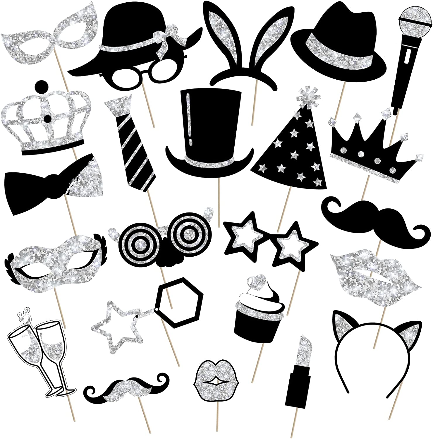 24 Funny Photo Booth Props - Hats, Lipstick, Ties, and Crowns for Celebrations.