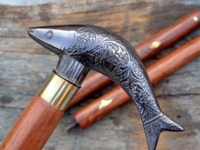 Vintage Solid Brass antique Fish Handle Wooden Walking Stick Cane 36"