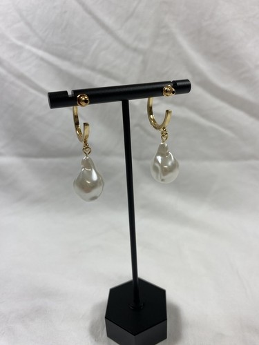 Pearl Drop Earrings Gold Tone Hoops Faux Diamonds Pearlcore - Picture 11 of 11