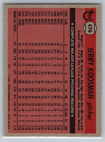1981 TOPPS JERRY KOOSMAN (METS) #476 NM-MINT - Picture 2 of 2
