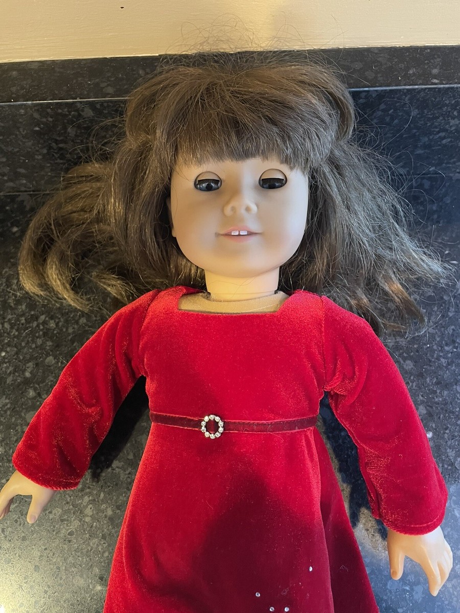 American Girl Doll Brown Hair Blue Eyes Teeth Red Velvet Dress Tights 18 |  eBay
