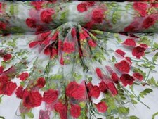 "White Lace Fabric with Red Embroidered Flowers and Green Leaves: Sold by the Ya
