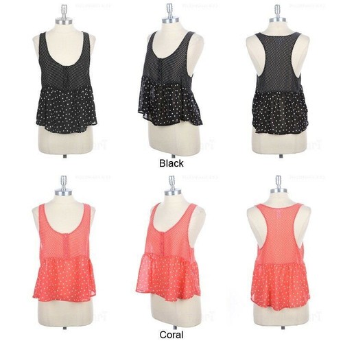 Women's Polka Dot Sheer Ruffled Bottom Tank Top Henley Button Down Cute