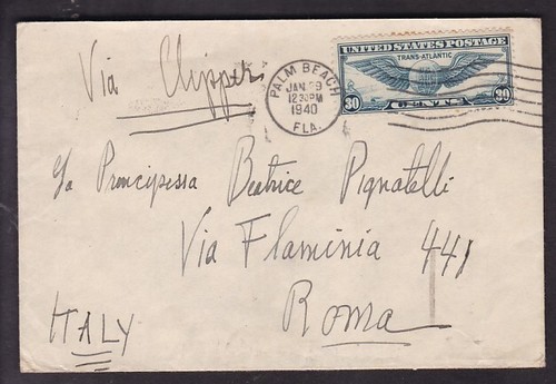 1940 CLIPPER AIR MAIL, PALM BEACH, FLA. TO ROAM, ITALY