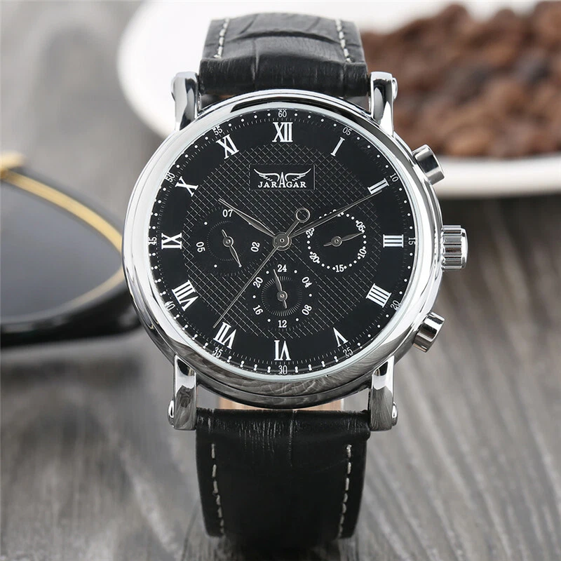 Reloj de pulsera mecánico automático con esfera blanca clásico para hombre JARAGAR correa de cuero genuino Foto 4 de 4