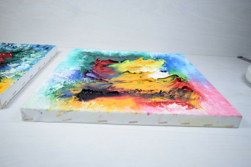 European Art Two Abstract Oil Paintings Multi Color Technique Canvas - Picture 5 of 10