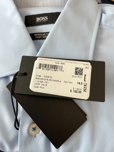 Camisa de Vestir Hugo Boss Hombres Goras Fácil Hierro Calce Regular Azul Pastel Algodón 37 14.5 - Imagen 5 de 9