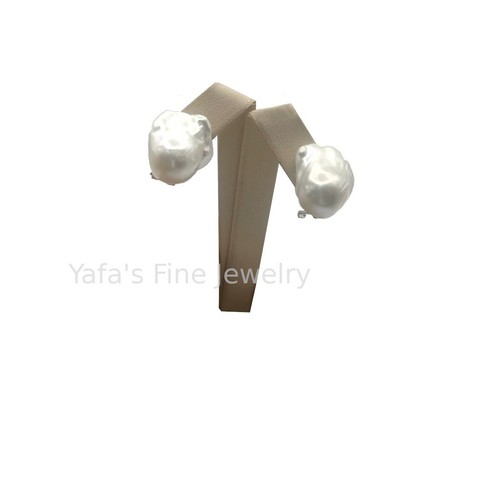 Large Baroque Pearl Earrings Natural White Freeform, Omega Back Closure - Picture 4 of 5