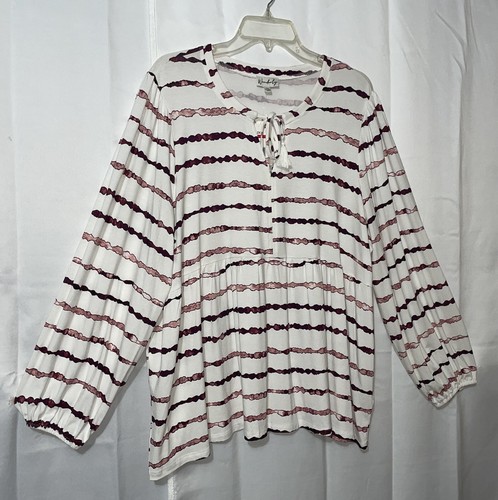 New Wonderly 2X Popover Tunic Top White Pink Tie Dye Stripes Keyhole Tie Neck - Picture 5 of 16