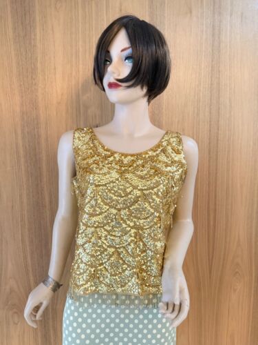 SWINGING 1960s 60s GOLD Sleeveless SEQUIN and BEAD Knit Top! Sz M