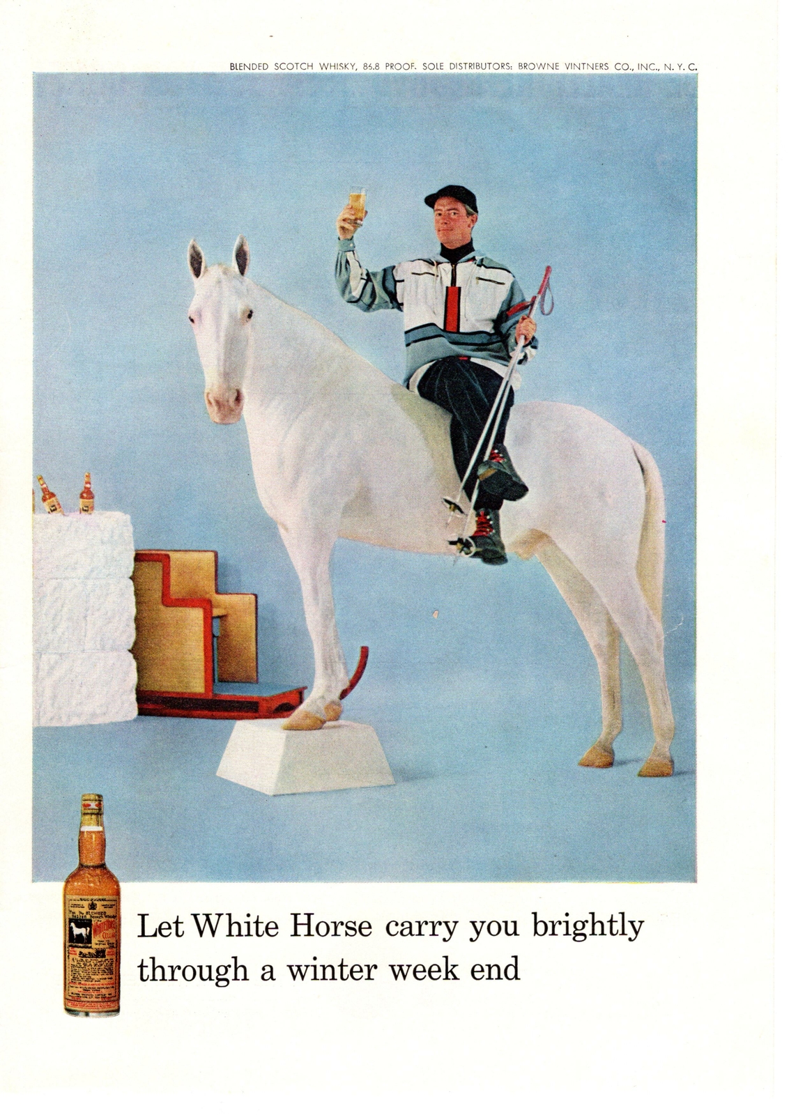 1959 White Horse Cellar Scotch Whiskey Trekking Poles Mountain Climber Print Ad