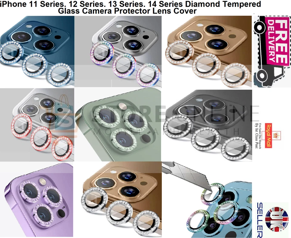 Diamond Tempered Glass Camera Protector Lens Cover iPhone 17 16 15 14 Pro 13 12
