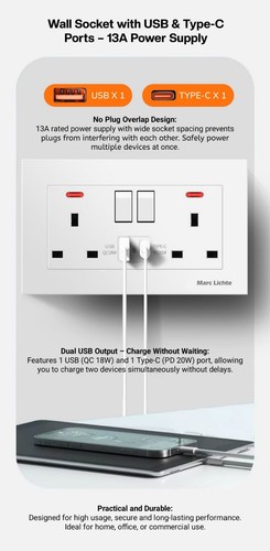 2-Piece UK Double 13A Switched Socket with 18W USB & 20W Type-C Ports - Afbeelding 4 van 8
