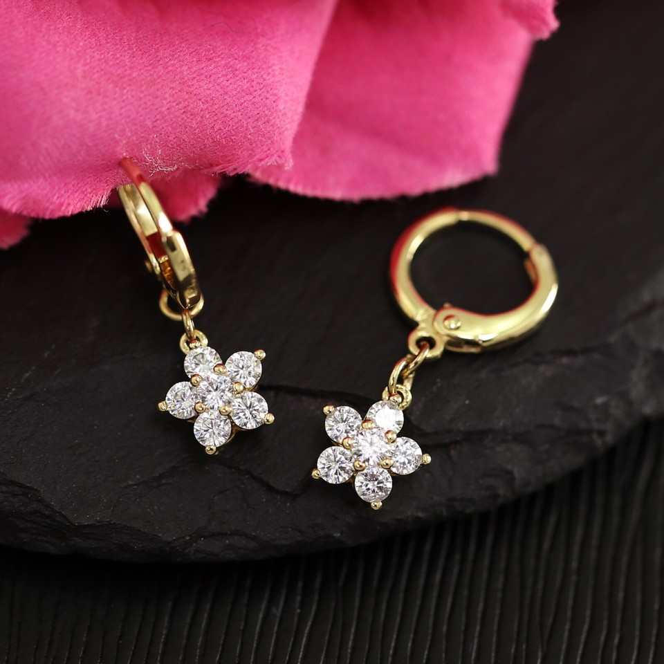 9CT GOLD GF CRYSTAL 5petal FLOWER DROP DANGLE LADY GIRL XMAS GIFT HOOP