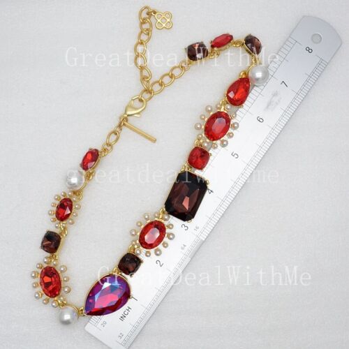 OSCAR DE LA RENTA JEWELR Red CZ Oval Crystals Necklace Gold Pearl Elegant Cute - Picture 7 of 7
