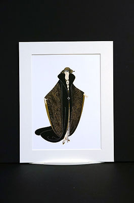 Erte 1982 - GOLDEN CLOAK - Lady in Opera Coat Fur Trim - Art Deco