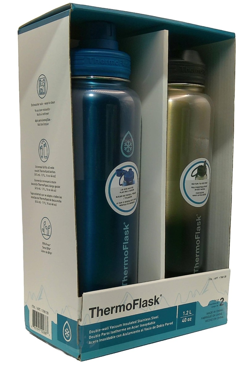 ThermoFlask Stainless Steel Water Bottle, 40 oz, 2-Pack (Silver/Blue  Brushed)